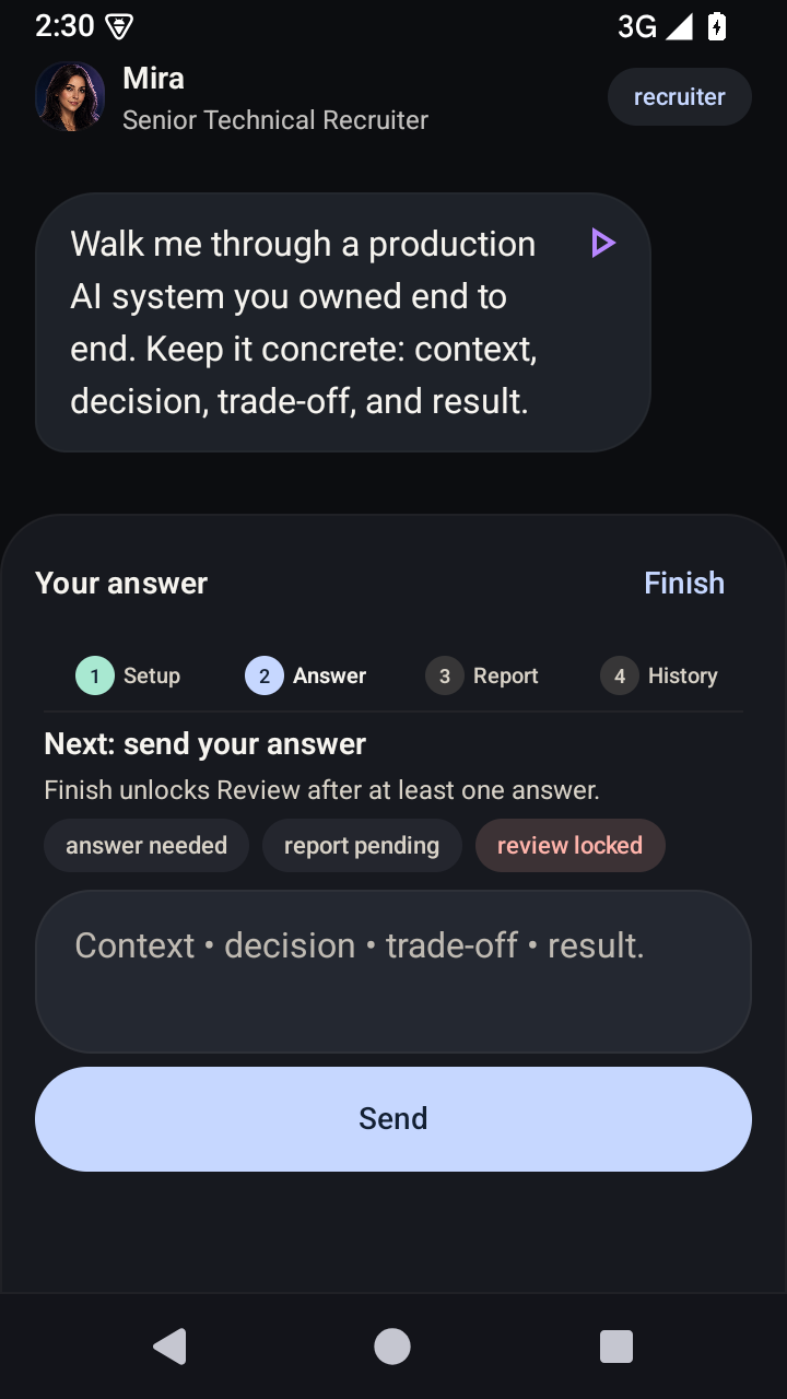 InterviewCoach interview chat screen from the latest Android QA capture