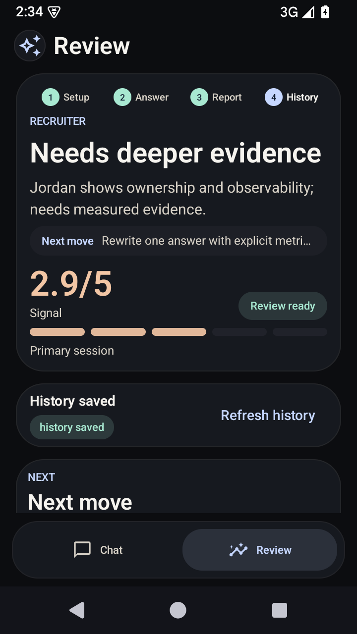 InterviewCoach review screen from the latest Android QA capture
