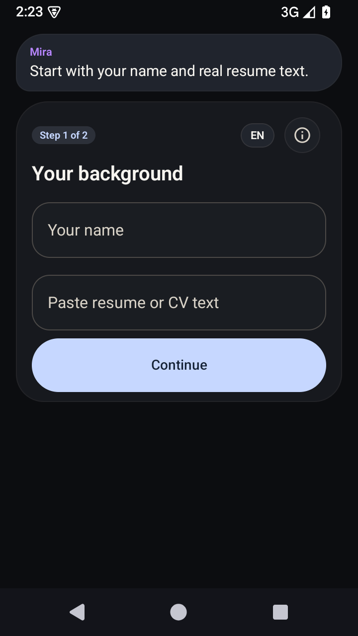 InterviewCoach setup screen from the latest Android QA capture