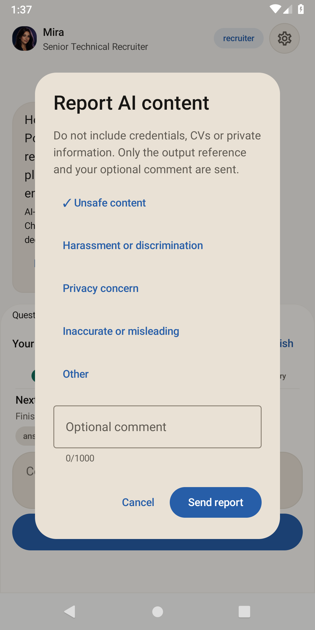 Controls to report a concern about AI content