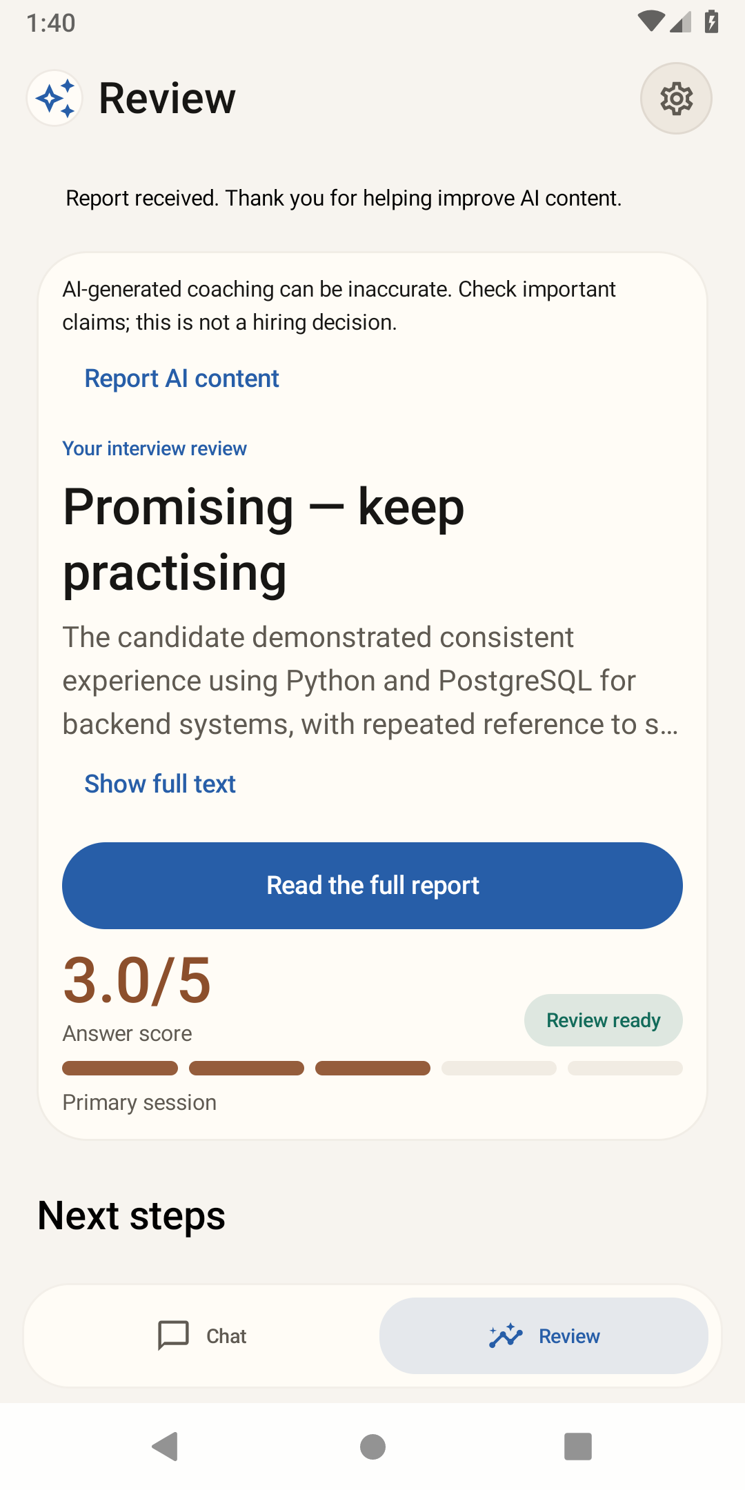 An AI-generated practice review with a full-report button